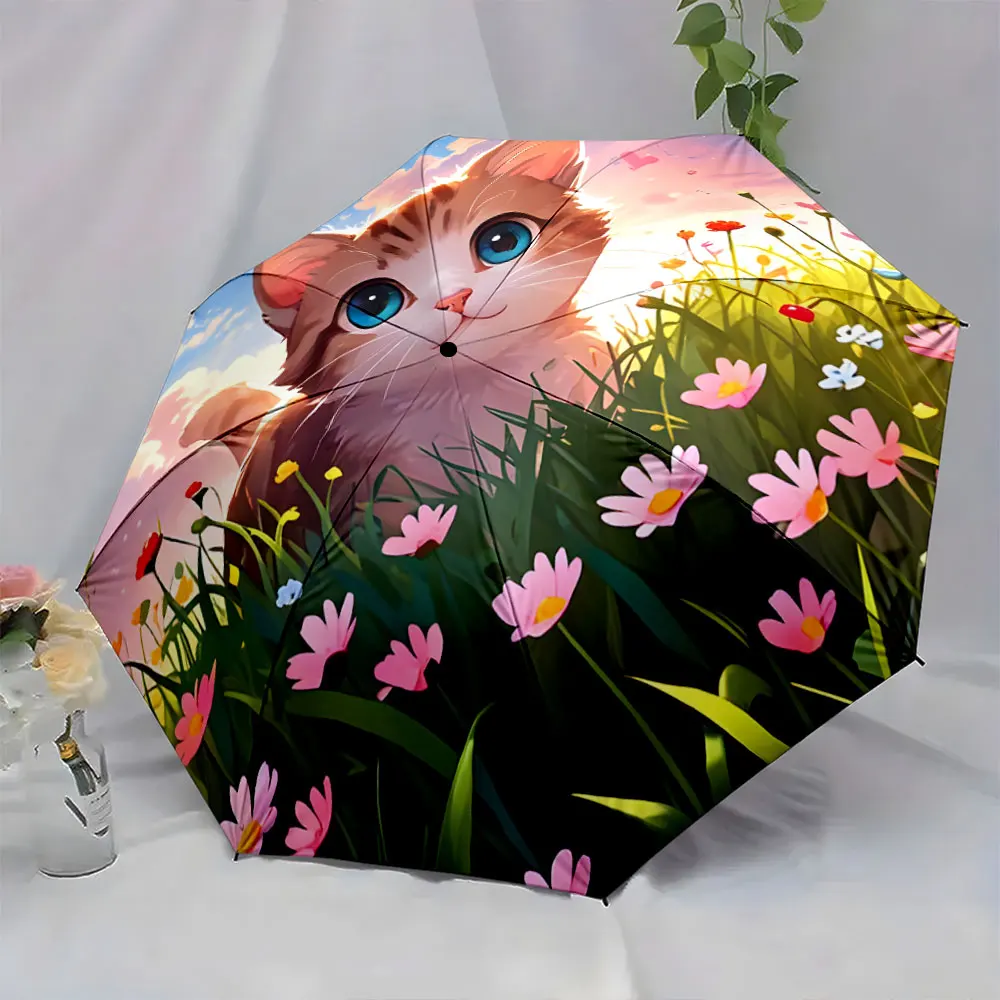 1PC Cute Cat in a Flower Field Umbrella Design Print 8 Iron Ribs Folding Umbrella Auto-Open Fashion Sunshade