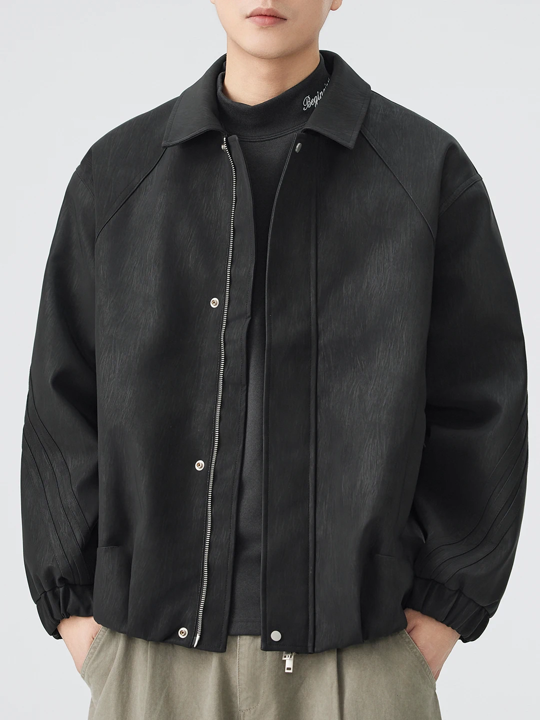 

EOOY Men's Casual Loose Fit Leather Jaet Vintage Turn-down Collar Daily Wear Comfortable Polyester Fiber Zipper Closure