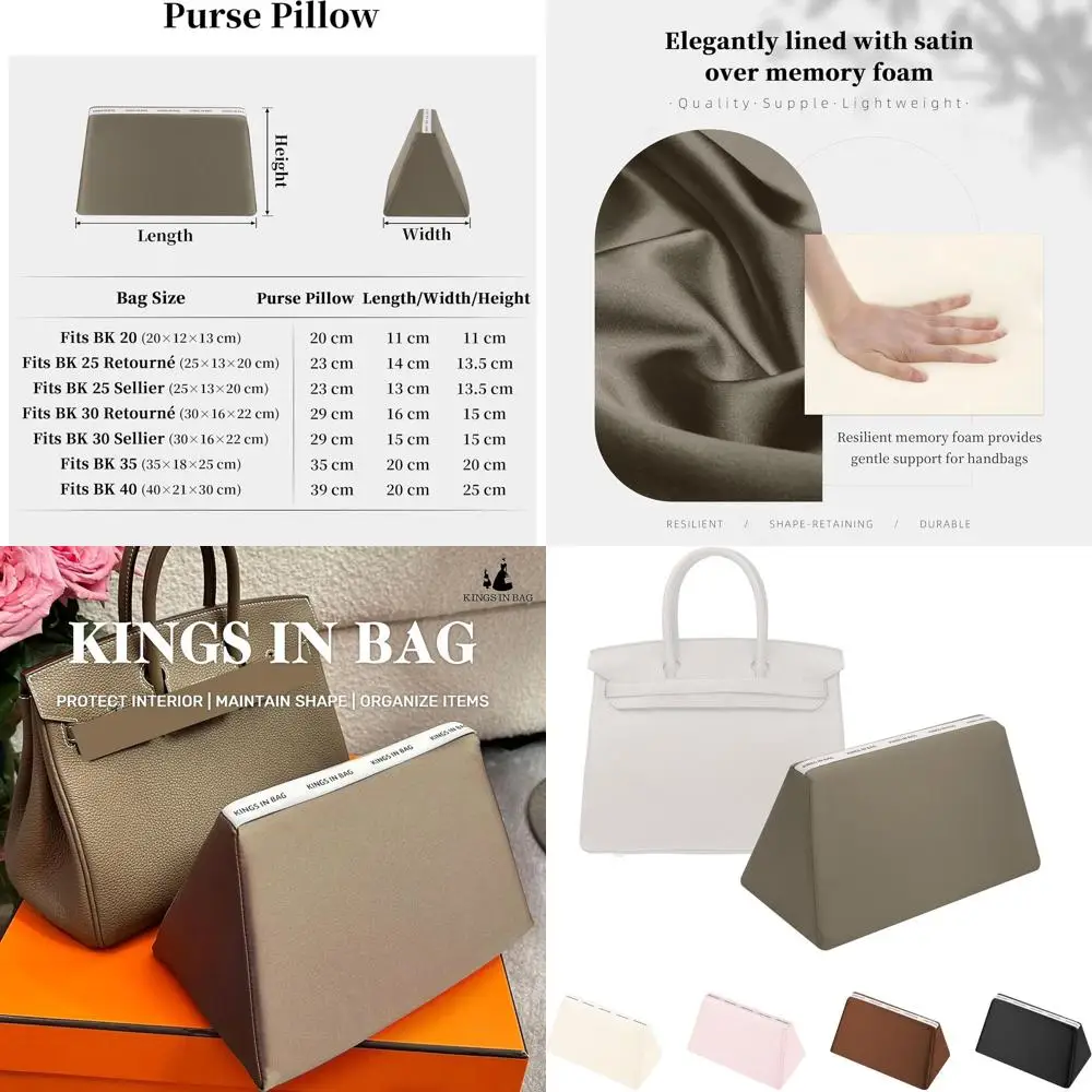 

Birkin 25 Purse Pillow, Smooth Satin, Memory Foam, Durable & Lightweight Support, Etoupe Grey, BK25 Retourné
