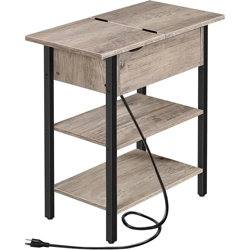 Side Table, Flip End Table with Charging Station and Shelves, USB Ports & Power Outlets, Narrow Nightstand for Small Spaces