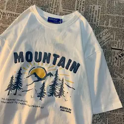 Y2k Men and Women Vintage Snow Mountain Printing Graphic T-shirt Fashion Couple Street Summer Personalized Short Sleeve Top