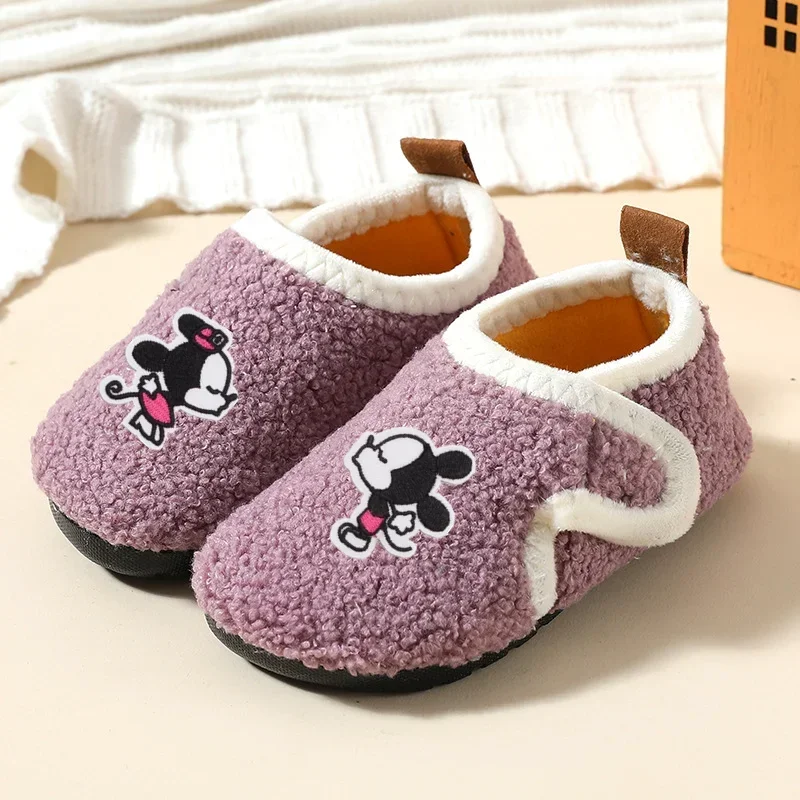 Disney Minnie ฤดูใบไม้ร่วงฤดูหนาวเด็กรองเท้าแตะผ้าฝ้าย Mickey Mouse Casual รองเท้าในร่มลื่น Soft Soles เด็กทารกเด็กวัยหัดเดิน