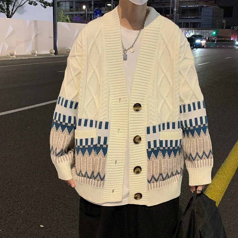 Design Cardigan Men Pockets Warm Winter Sweater Retro Ins Japanese Unisex Button Up Knitwear Teens All-match Harajuku Stylish