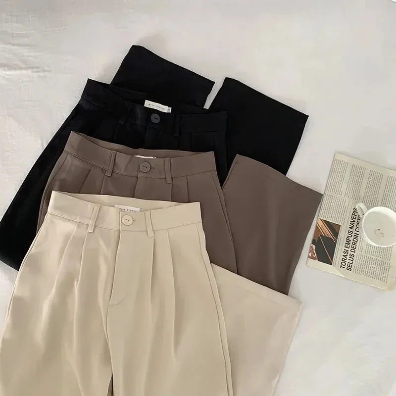 Pantalon droit taille haute pour femme, pantalon femme noir, mode coréenne, bouton décontracté, automne, dames de bureau, nouveau, 2024