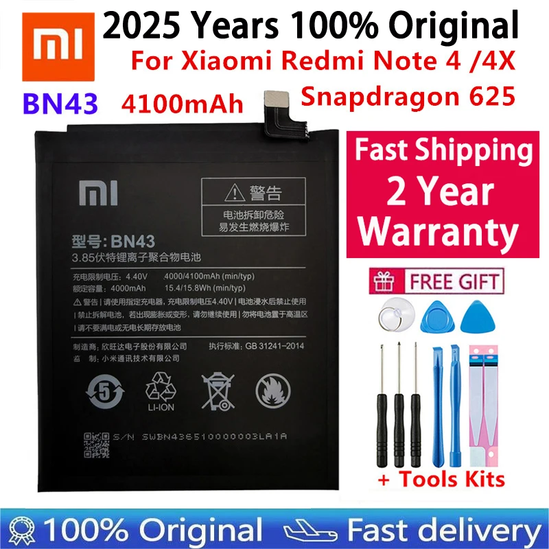 

100% Original Real 4100mAh Battery For Xiaomi Redmi Note 4X Note 4 global Snapdragon 625 Phone Batteries Bateria BN43