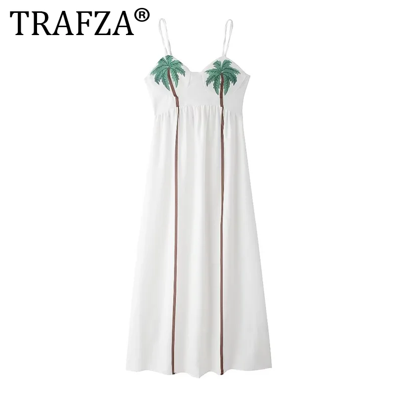 

TRAFZA Summer Holiday Printed Strapless Loose Suspender Maxi Dress Women 2024 Sexy Sleeveless Long Robe Female Beach Vestidos