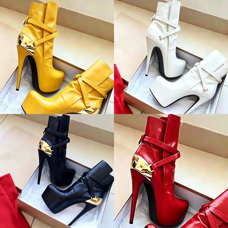 

Gold Ankle Metal Plate Heel Boots Black Women Red Platform Stiletto Yellow Round Toe Calf White Girls Zipper Strap Summer Shoes