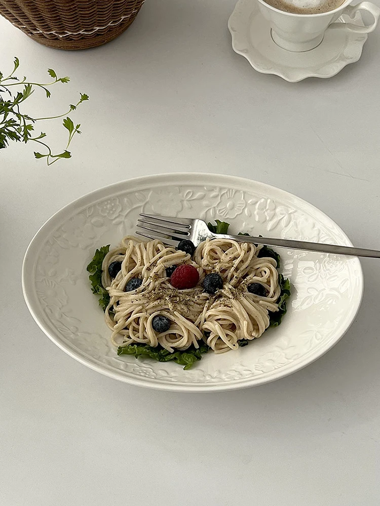 Embossed Oval White Plate Light Luxury Ceramic Deep Plate Salad Breakfast Plate Home Spaghetti Plate Kitchen Tableware