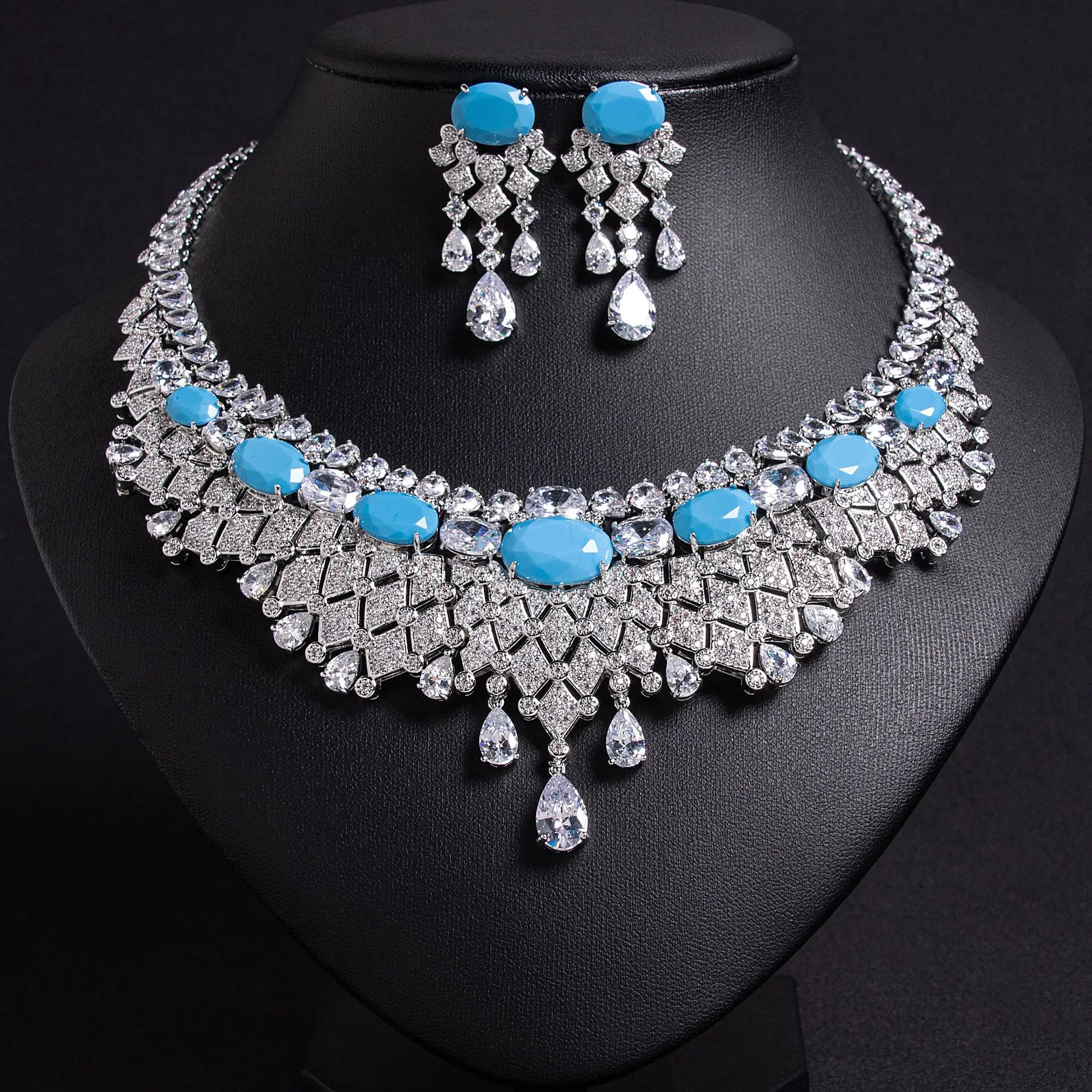 

Бирюзовый циркон, винтажное роскошное ожерелье с бриллиантами, серьги, комплект ювелирных изделий для свадебного платья