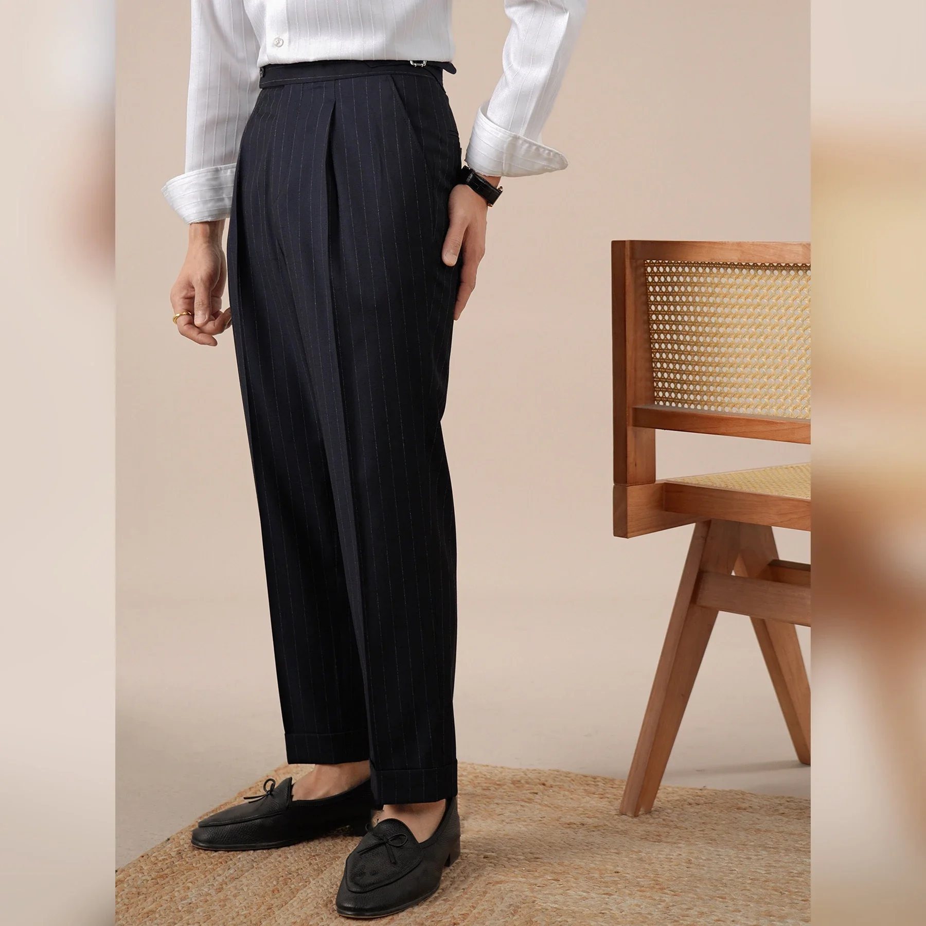 

Striped Men Pants Business Double-pleated Versatile Suit Trousers High-waisted Pantalon De Vestir Hombre Dress Pants For Men