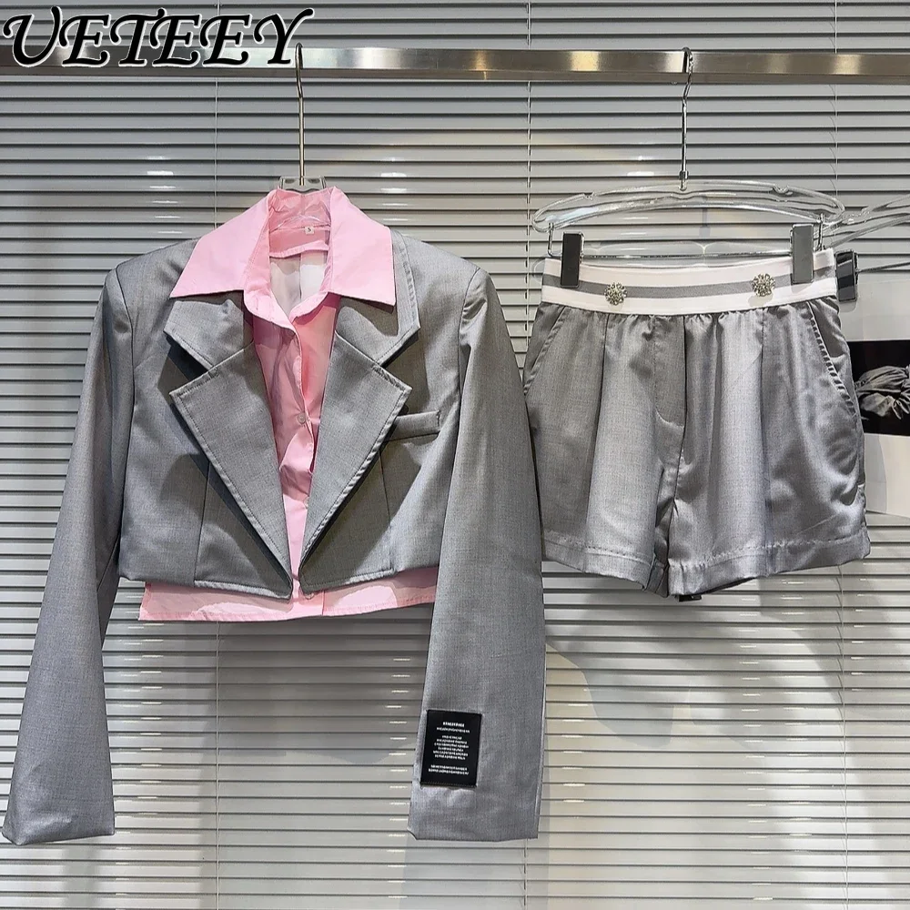 

Spring Autumn New Personality Shirt Stitching Fake Two-Piece Suit Jacket and Drill Buckle Shorts Womens Two Peice Sets