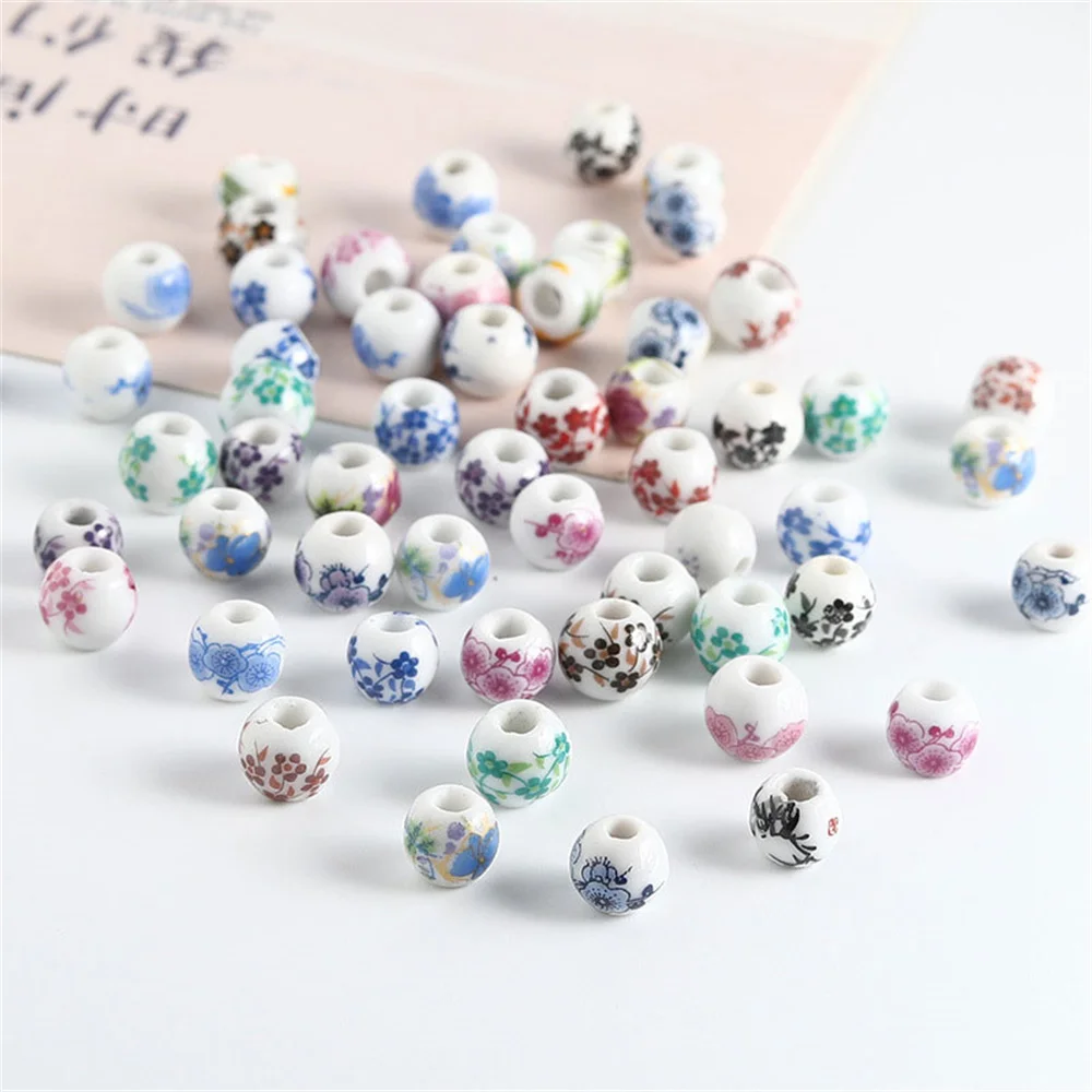 20pcs Round 6mm 8mm 10mm 12mm Flower Patterns Ceramic Porcelain Loose Spacer Beads Lot For Jewelry Making DIY Accessories ﻿