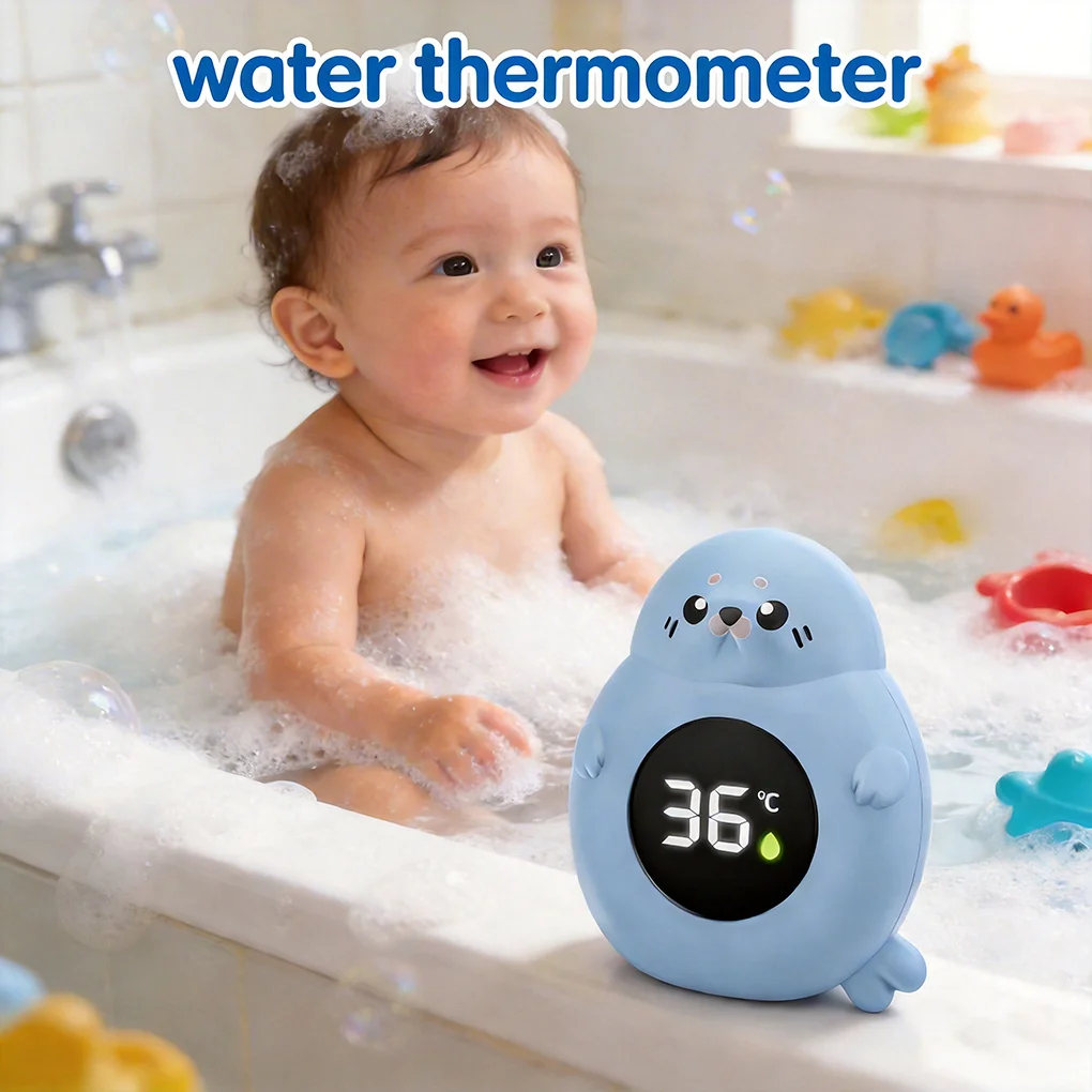 

Синий мультяшный термометр для воды в виде тюленя, светодиодный водонепроницаемый безопасный плавающий датчик температуры для детской ванночки/душа