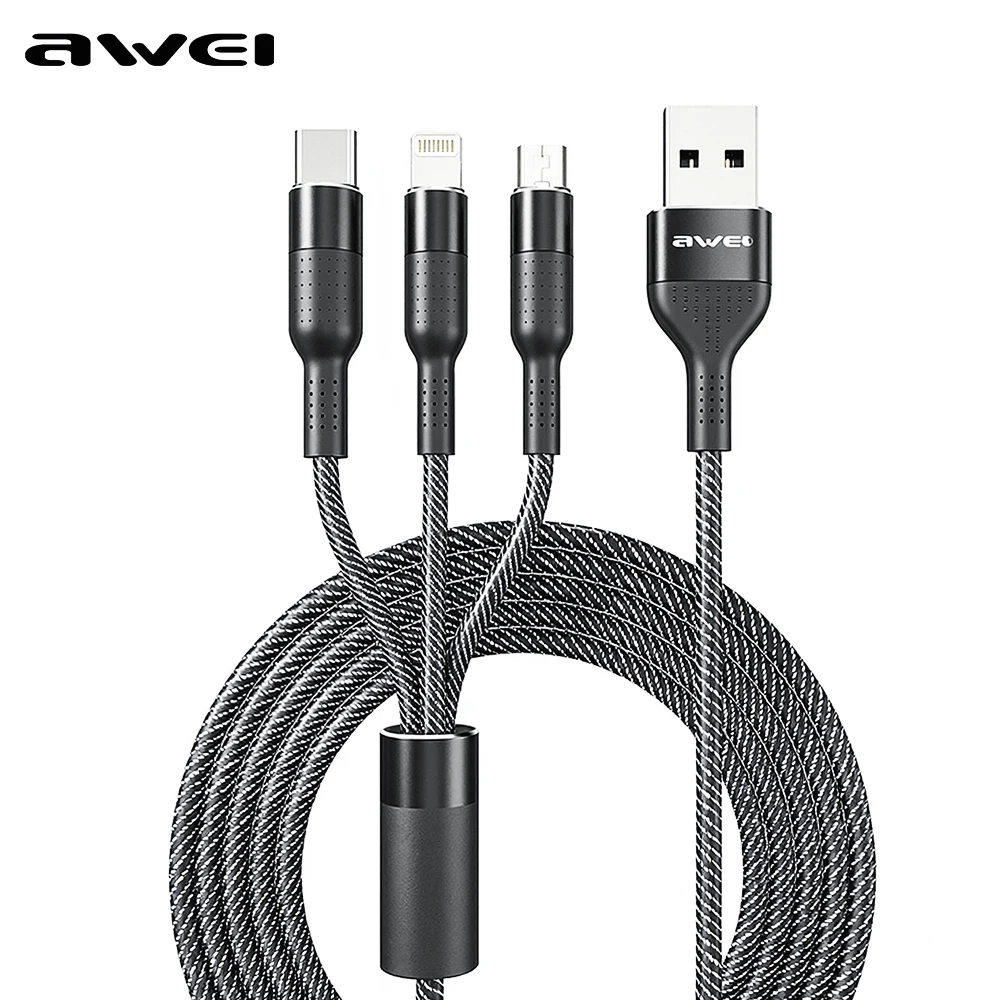 

Awei CL-972 3 In 1 Fast Charging Cable 120W Multi Usb Port Charging Cord USB Type C Micro Data Cable for iPhone/Xiaomi/Huawei