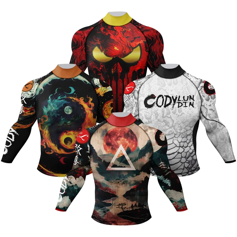 Men Mock Neck Boxing T-shirt Clothing Compression Shirts Rashguard With Elastic Waistband Sublimated Long Sleeve Surf Rash Guard