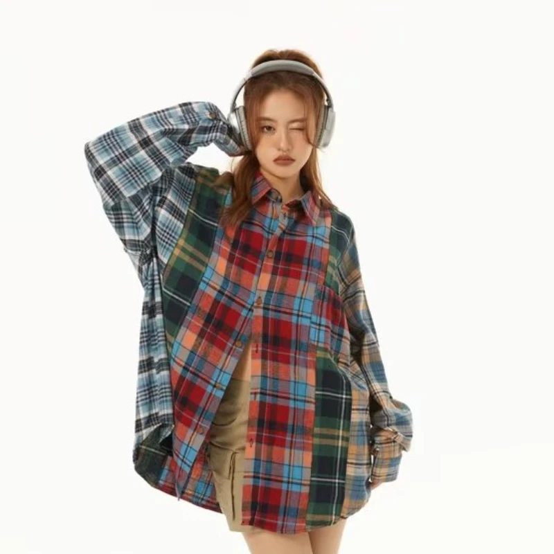 Plaid Shirts Women European Style Vintage Nostalgic Contrast Color Turn-down Collar All-match Prevalent Ladies Clothing Summer