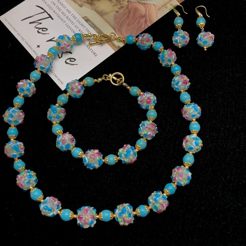 

2024 Summer Vintage Elegant Printed Glass Turquoise Necklace Bracelet Earrings