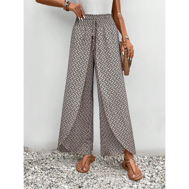 Pantalones de pierna ancha de talla grande para mujer, pantalones florales con cintura elástica a la moda y versátiles para primavera y verano