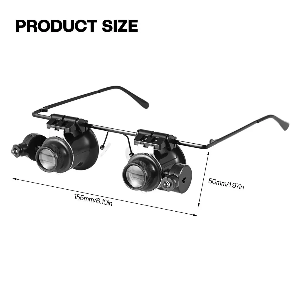 Lupa Binocular de doble ojo, herramienta de reparación de relojes, lupa con dos luces LED ajustables, gafas de medición, 20X