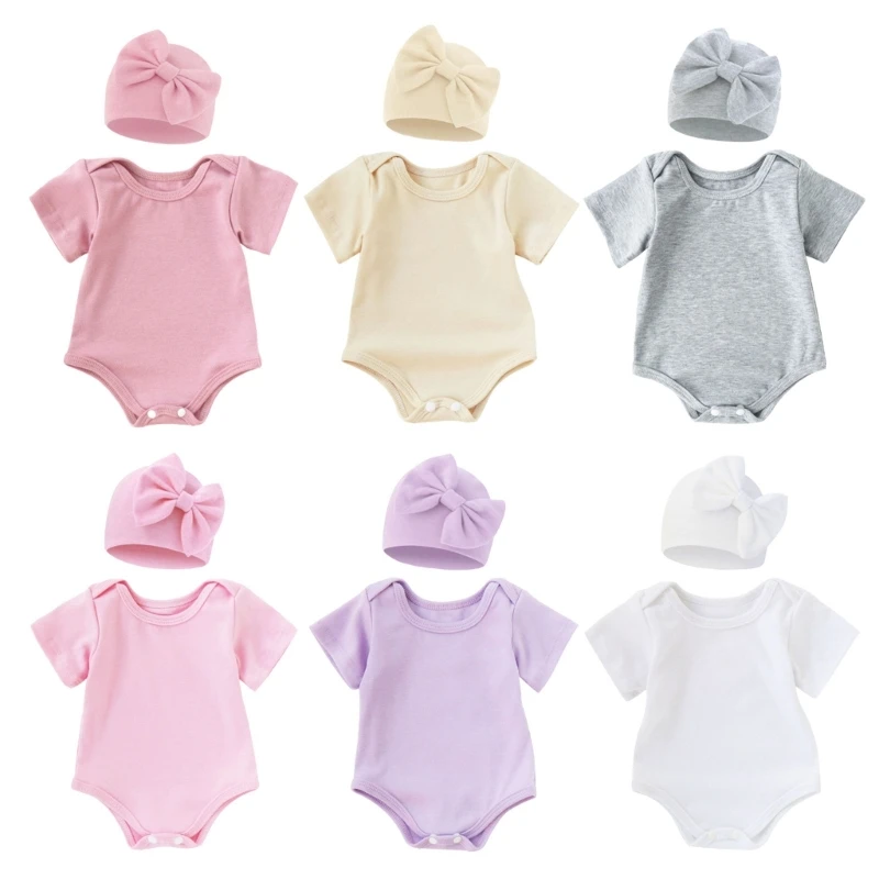 

L5YF Short Sleeve Cotton Romper Hat with Bowknot Bonnet Caps Infant Bodysuit