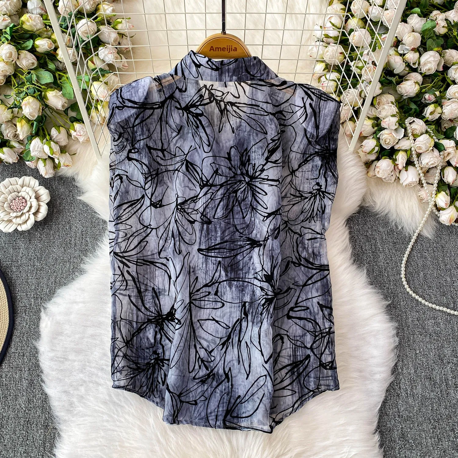 Blusa estampada para mujer, cuello de traje Svel holgado con almohadilla para el hombro, Top adelgazante con doble botón, Faion de viaje coreano