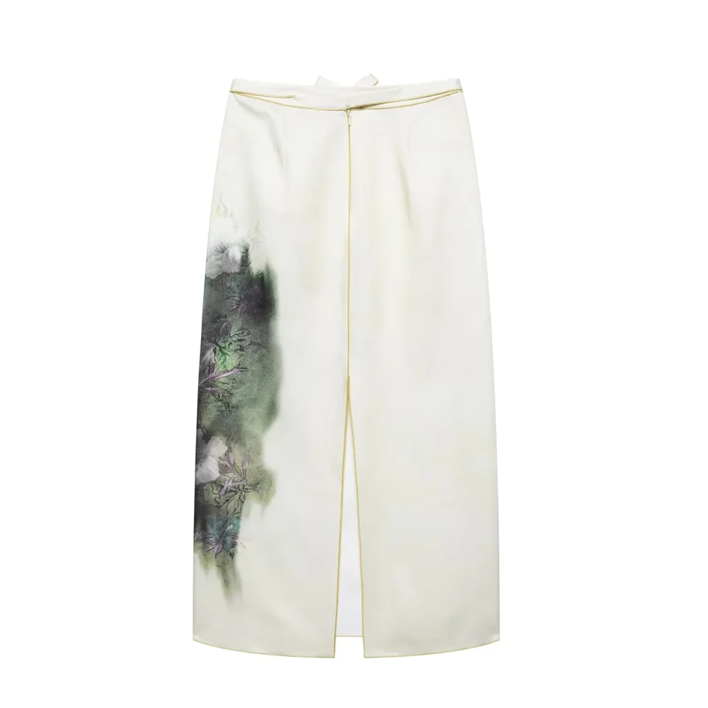 Myst&Za 2025 New Women's High - waisted Midi Skirt with Bow - tie Waistband and  Floral Print for a Graceful Look