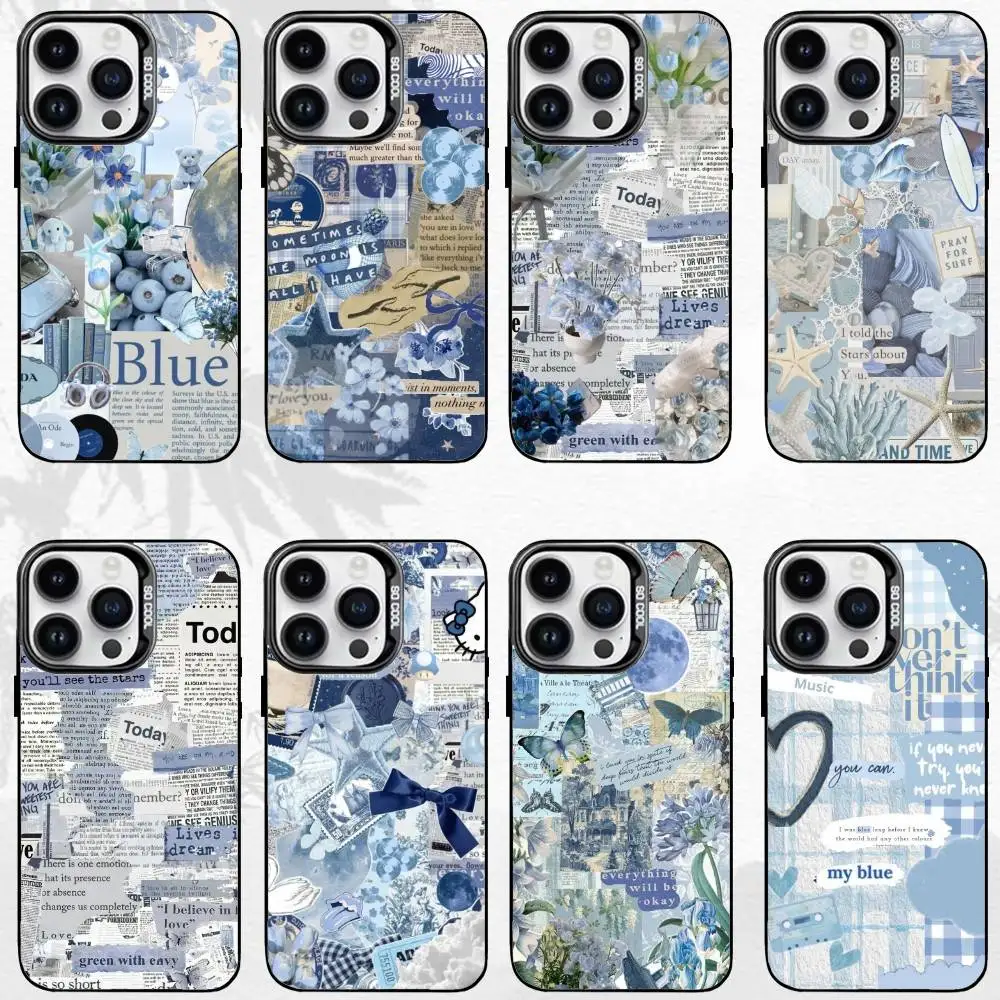 

B-Blue aesthetic Phone Case For iPhone17,16,15,14,13,12,11 Plus,Pro Max Black Colored Silver Plated Inside Cover