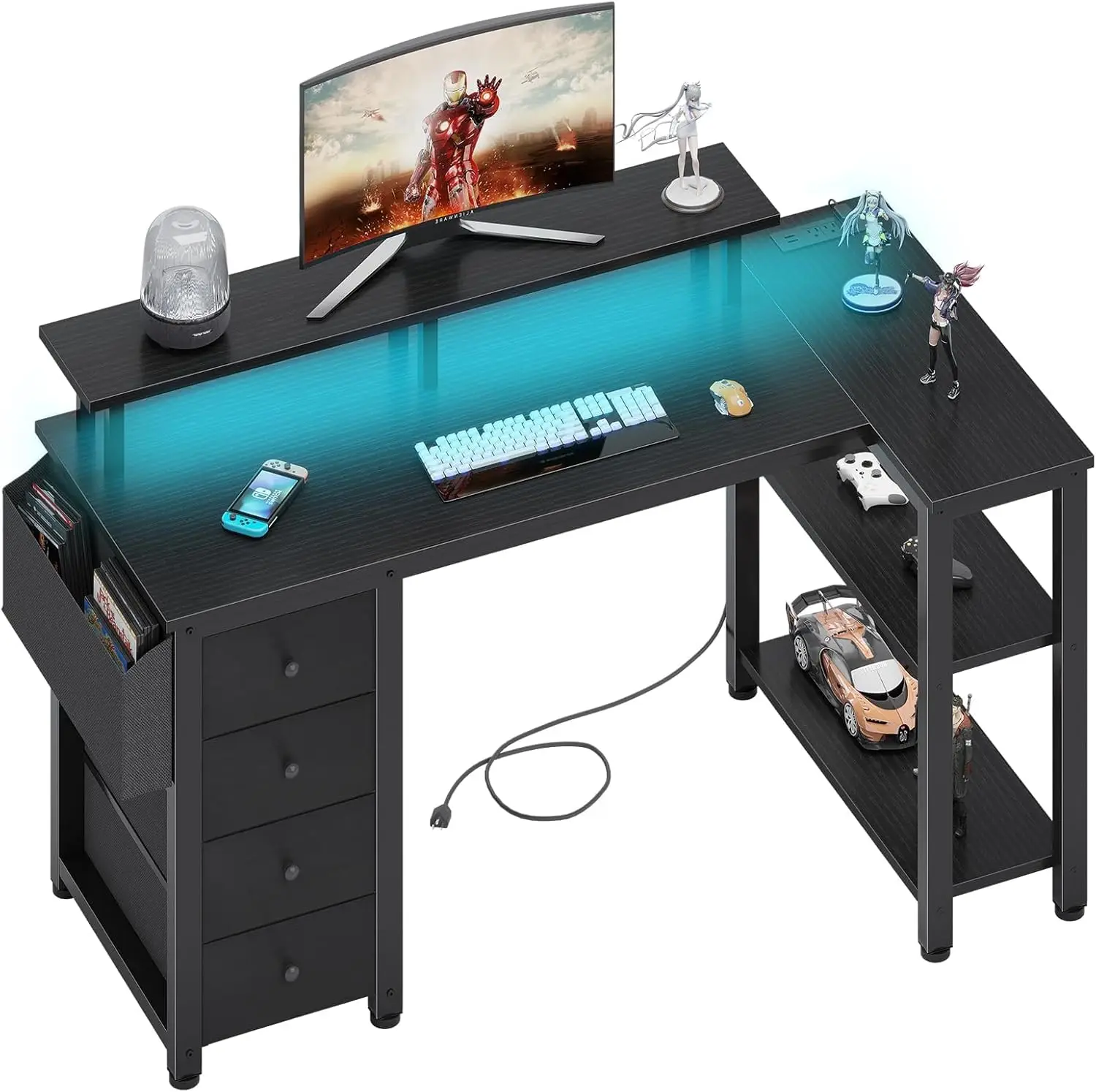 

Black L Shaped Desk with Led Lights and Power Outlets, 47 Inch Writing Study Computer Gaming Desks Fabric Drawers for Bedroom