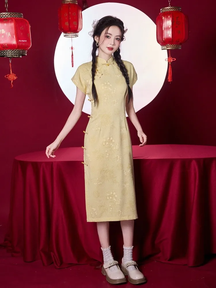 

Желтое ципао для молодых девушек, летнее, новое, в китайском стиле, повседневное, средней длины, премиум-класса, дышащее, из полиэстера