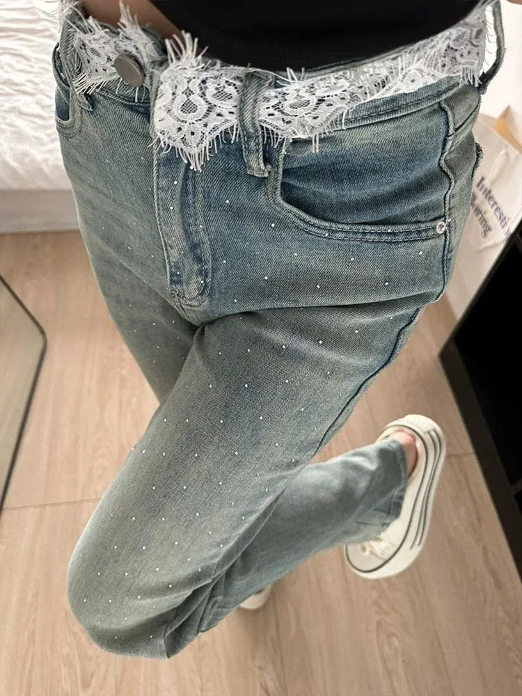 

Женский кружевной дизайнерский комплект, джинсы с бриллиантами, уличная одежда, уличная одежда для девочек, джинсовые брюки, винтажные женские модные мешковатые брюки