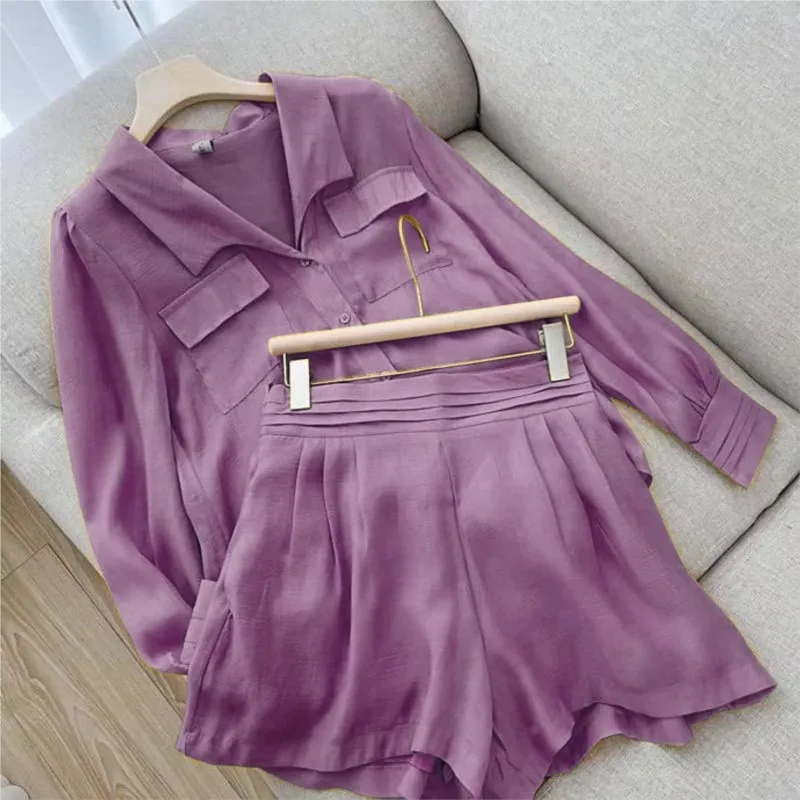 Estate sottile Set corto camicie da donna Set di due pezzi sciolto manica lunga Casual ufficio tasca abbigliamento tinta unita 2 pezzi Set