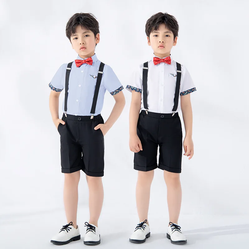 

Summer Boy Clothing Sets Gentleman Short Sleeve Shirt Suspender Shorts Outfits Teenage Kids Clothes Sets Children School Uniform