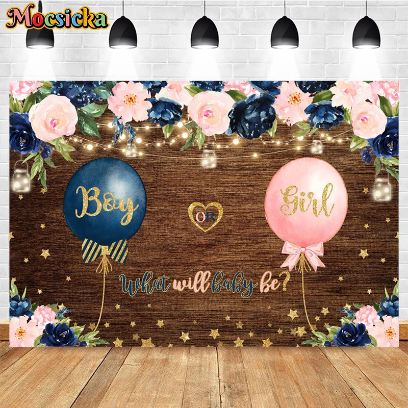 Mocsicka Gender Reveal Photography Backdrop Brown Wooden Board Balloon Decoration Boy Girl Wedding Party Photo Background Banner