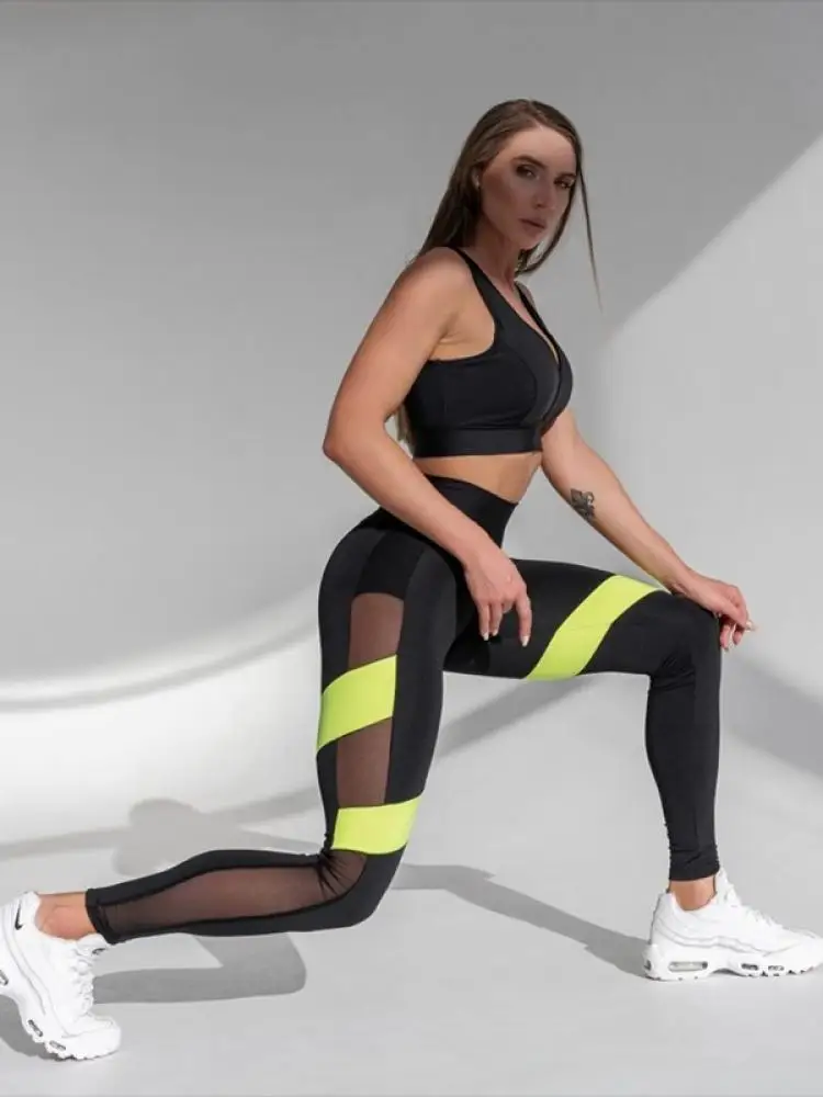 Gymdolphins Women's Sports Suit Sports Bra & Skinny Patchwork Mesh High Waist Leggings Fitness Yoga Sets 2024 Spring Summer New