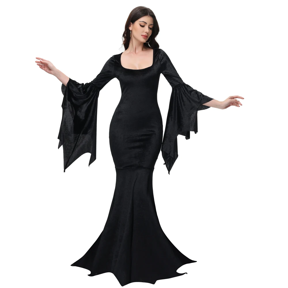Disfraz de Halloween Cosplay Morticia Adams Primate Black Adams vestido familiar Retro gótico manga acampanada cola de pez Mujer