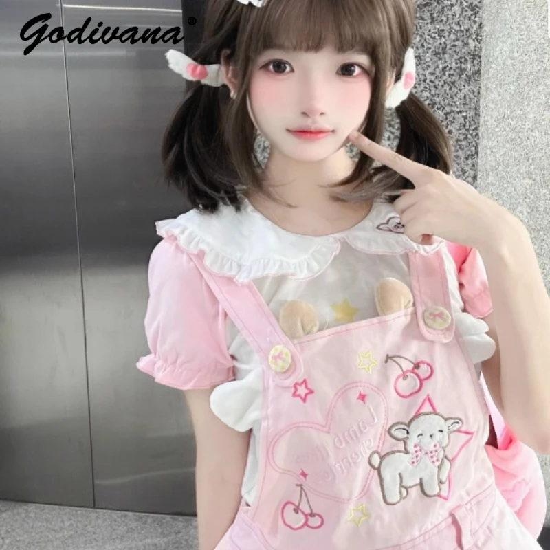 Original nouvel été fille filles Kawaii poupée col rose à manches courtes T-shirt doux sangle jupe femmes robe à bretelles ensemble