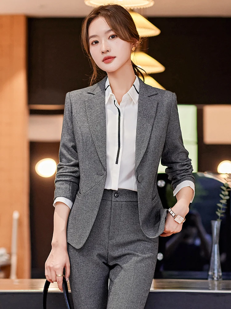 Pure color suit jacket spring and autumn temperament women\'s suit interview formal hotel office uniform two piece sets womens