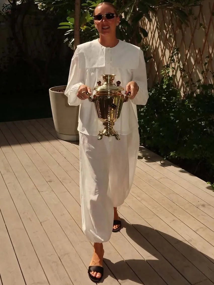 Oymimi أزياء القطن الأبيض 2 قطعة مجموعات امرأة الزي أنيقة بحار طوق كم طويل زر القمصان والسراويل الرباط مجموعات