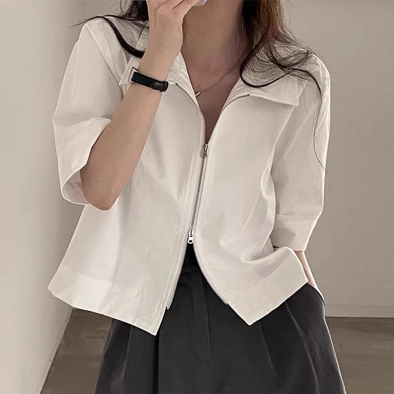 

Summer Slimming Meat Concealing Women's irt Chic Retro Collar Zipper Design High-End ort Sve irt Straight Cut Pure C...