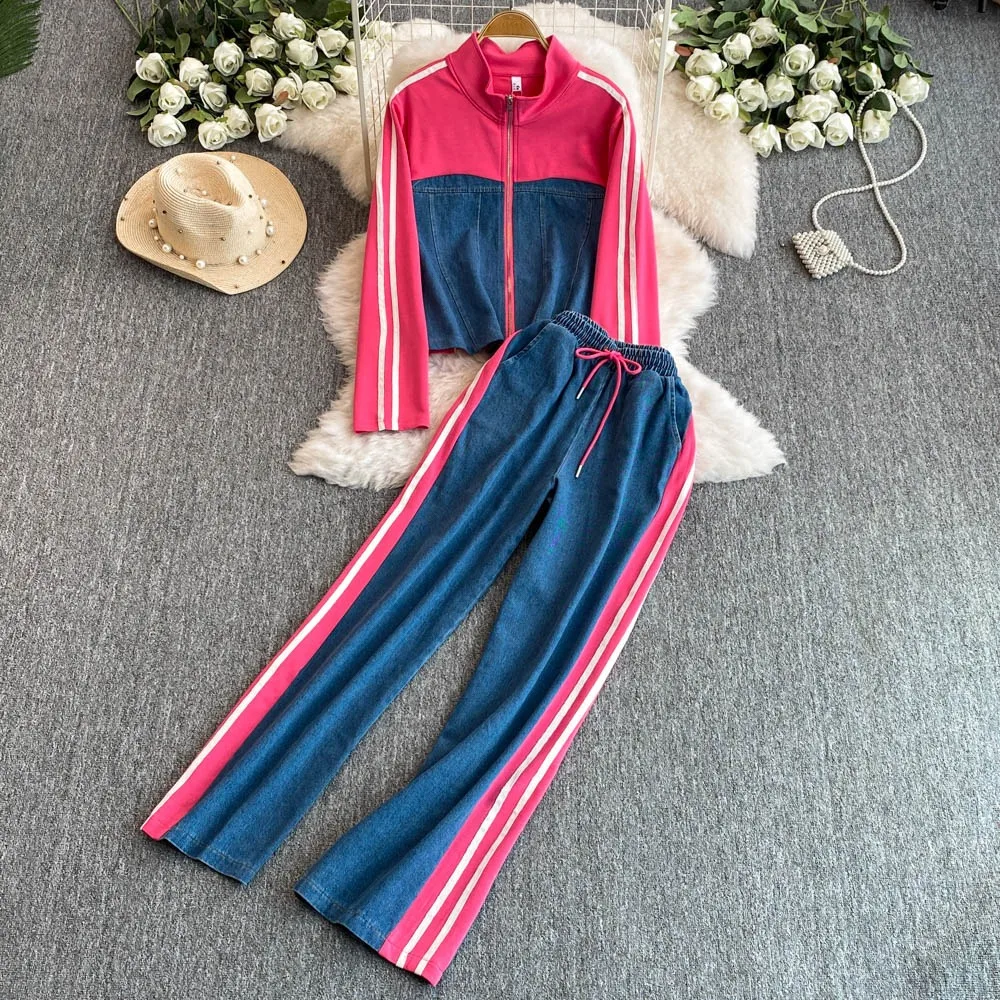 Neploe Europe Turtleneck Long Sleeve Casual Sets Tops Wid Legpants Straight Panelled Lace Up Trousers Moda Stripe Suit Sweatpant