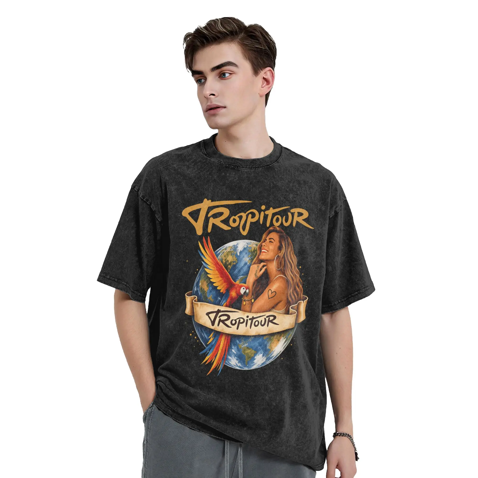 Karols G Tropicoqueta Tour 2026 Washed T-Shirt Mens  Awesome Casual T-Shirts Beach Round Neck Novelty Tees Design Big Size Tops