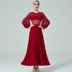 Modern Dance Ballroom Dance Skirt Lace Lantern Sleeve Ballroom Dance Luxury Elegant Women's Skirt Waltz dress Practice Dress