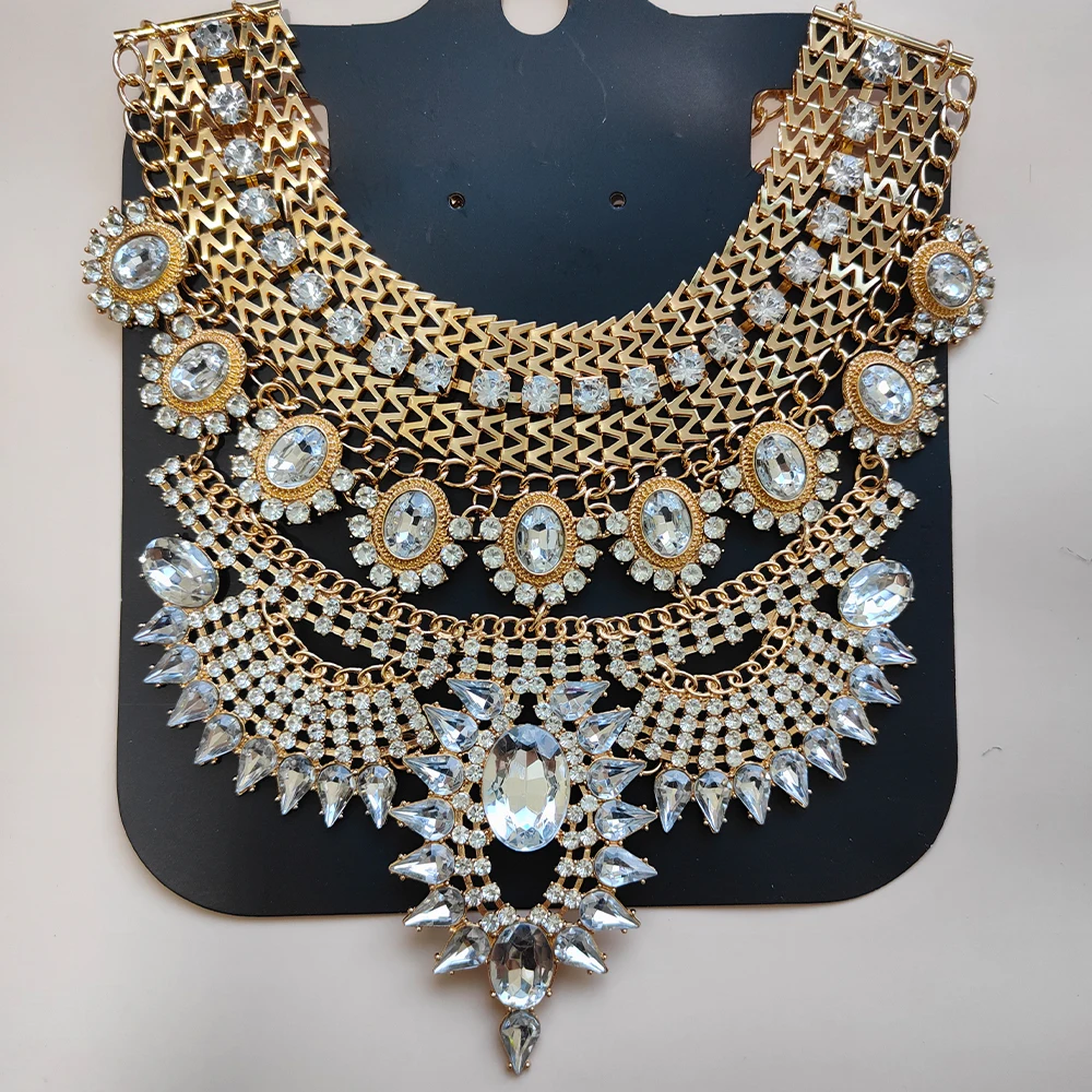 Vintage Statement Jewelry Silver Gold Color Large Chunky Bold Collar Beautiful Sparkly AB Crystal Rhinestone Necklace for Women