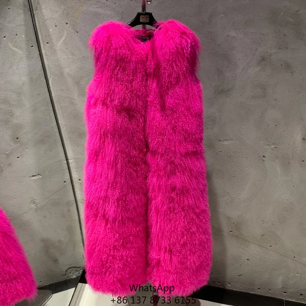 

Осенняя элегантная женская жилетка из натурального овечьего меха, длинная, цвета розовой розы