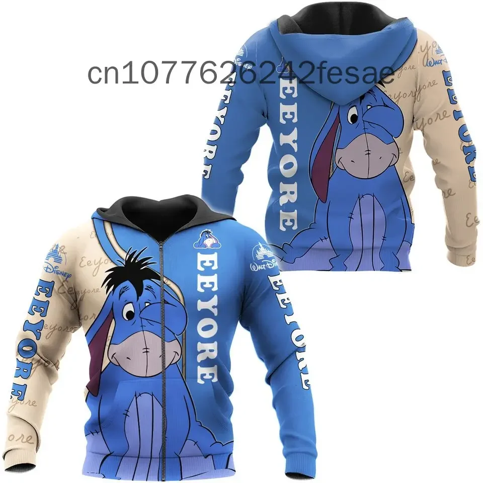 2024 New Disney Eeyore Zipper Hoodies Casual Hip Hop Street Clothing Men\'s and Women\'s Long sleeved Sweatshirts