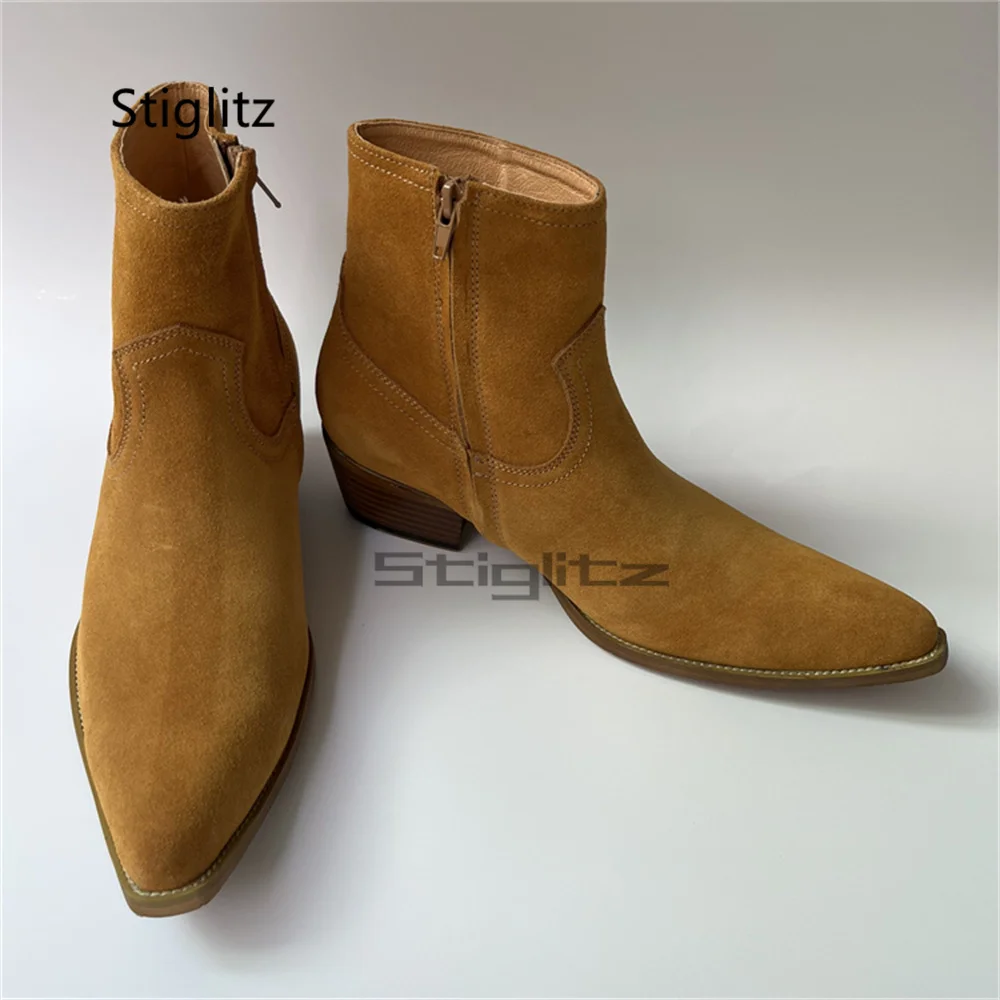 

Men's Brown Faux Suede Chelsea Boots High Heels Pointed Toe Side Zip Ankle Boots British Style Short Casual Business Shoes
