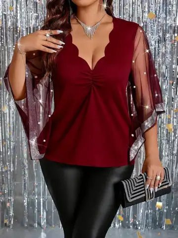 Plus Size Women Party Blouse Scallop V‑Neck Mesh Bell Sleeve Pearl Beaded Glitter Trim Burgundy Evening Clubwear Top