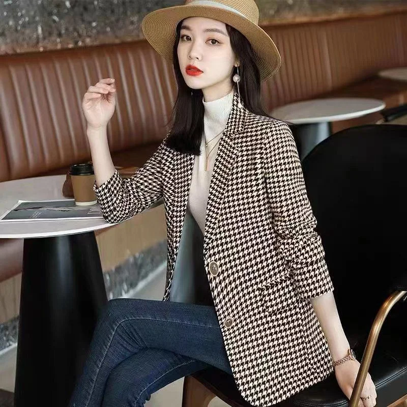 2024 Spring Autumn Women New Thousand Birds Plaid Small Suit Jacket Female Korean Slim Suit Jacket Female Western Style Blazer