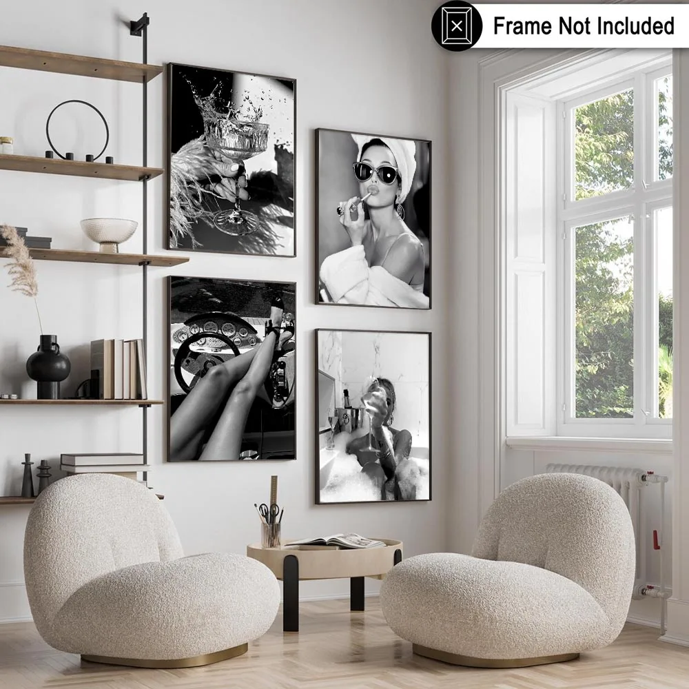 Black White Canvas Painting Fashion Sexy Woman Poster Wall ArtPrints High Heels in Classic Car Print Feminist Poster Home Decor