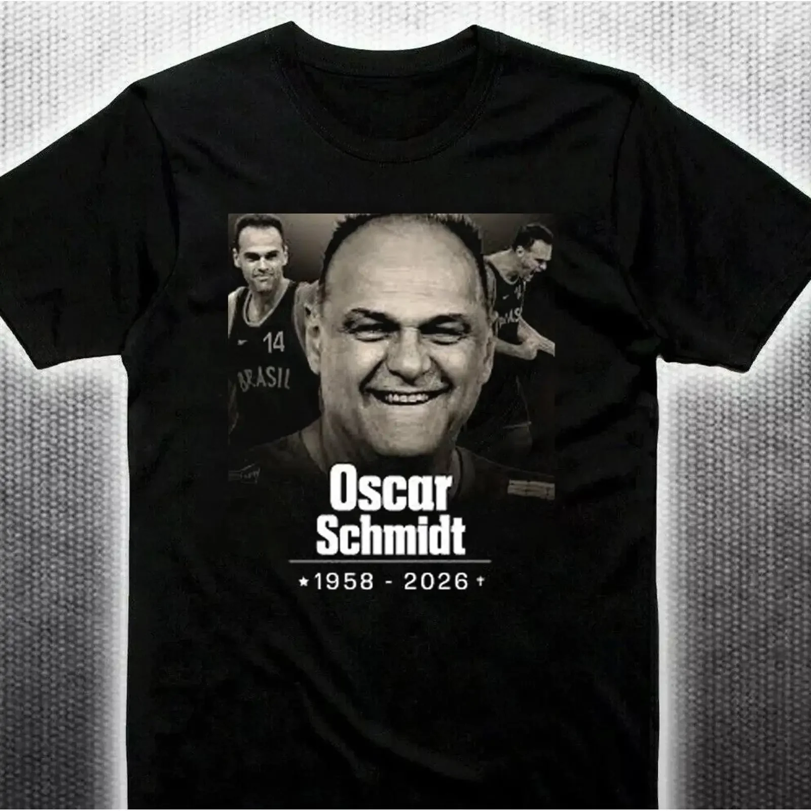 Camiseta Oscar Schmidt 1958 2026 Preta de Algodão S a 5XL TH551 Vintage Lavada Unissex Ligeiramente Fashion Casual Macia com Estampa Gráfica Versátil